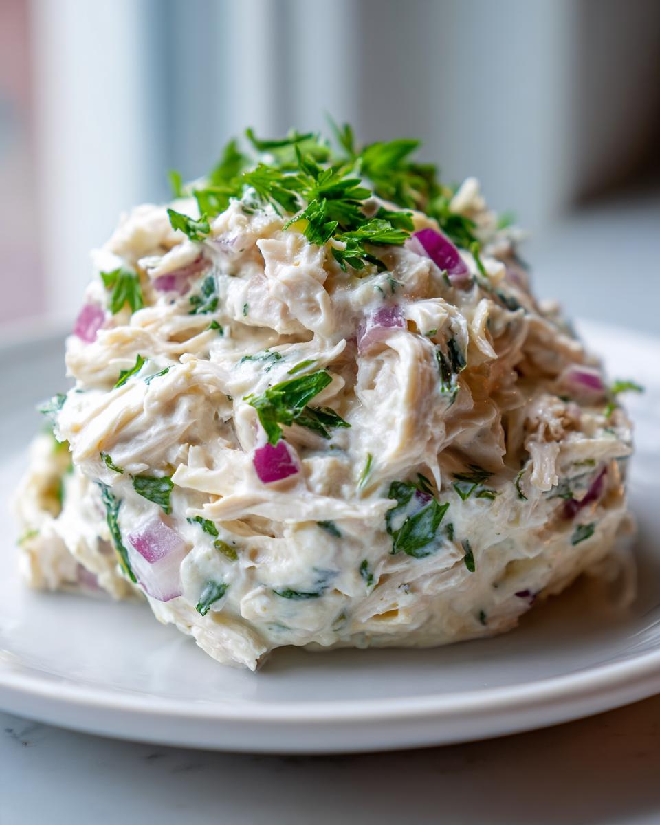 A close-up mound of creamy greek yogurt chicken salad mixed with red onion and topped with fresh parsley.