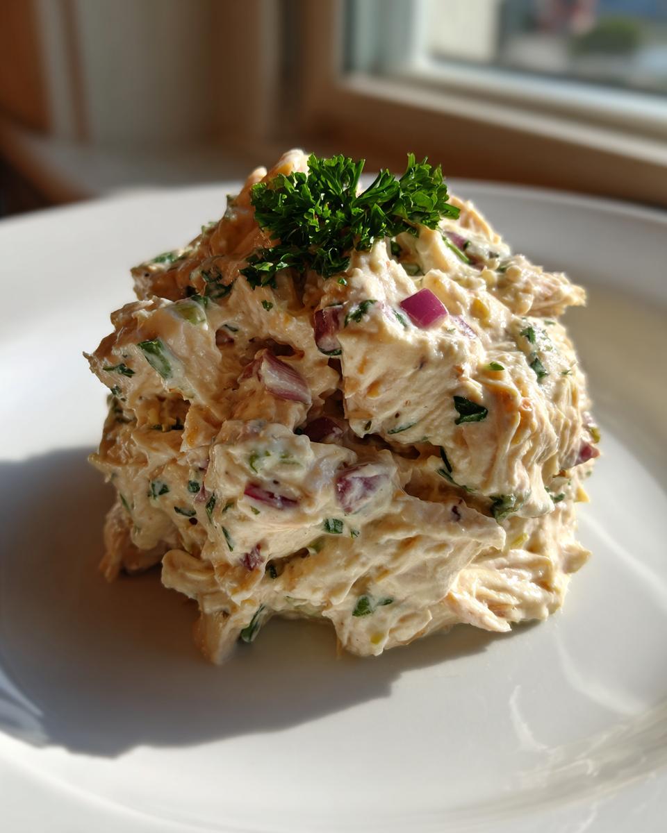 A scoop of creamy greek yogurt chicken salad mixed with red onion and herbs, garnished with parsley.