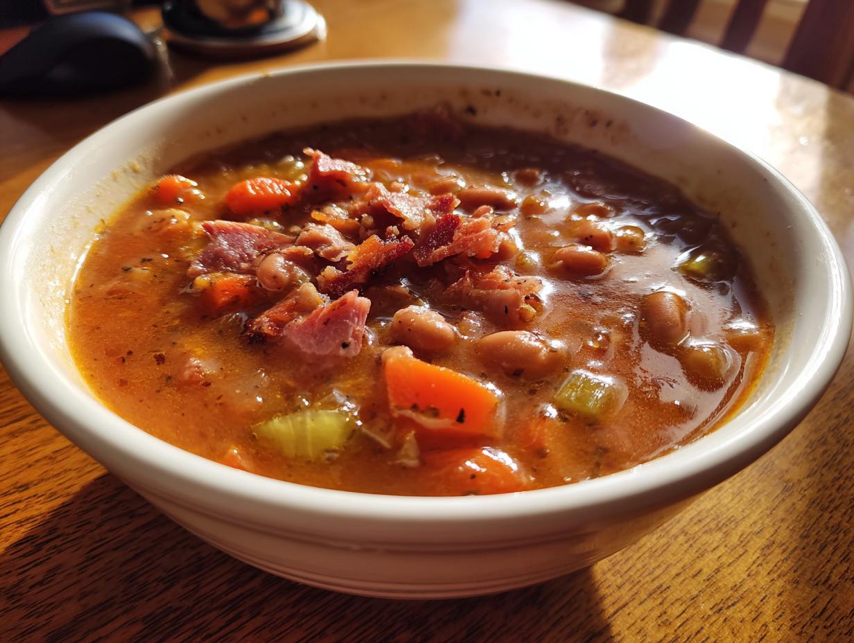A close-up of a steaming bowl of Ham and Bean Soup, topped with chunks of ham and bacon bits.