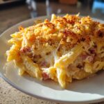 A serving of creamy Ham and cheese casserole featuring penne pasta, diced ham, and a golden, crunchy breadcrumb topping.