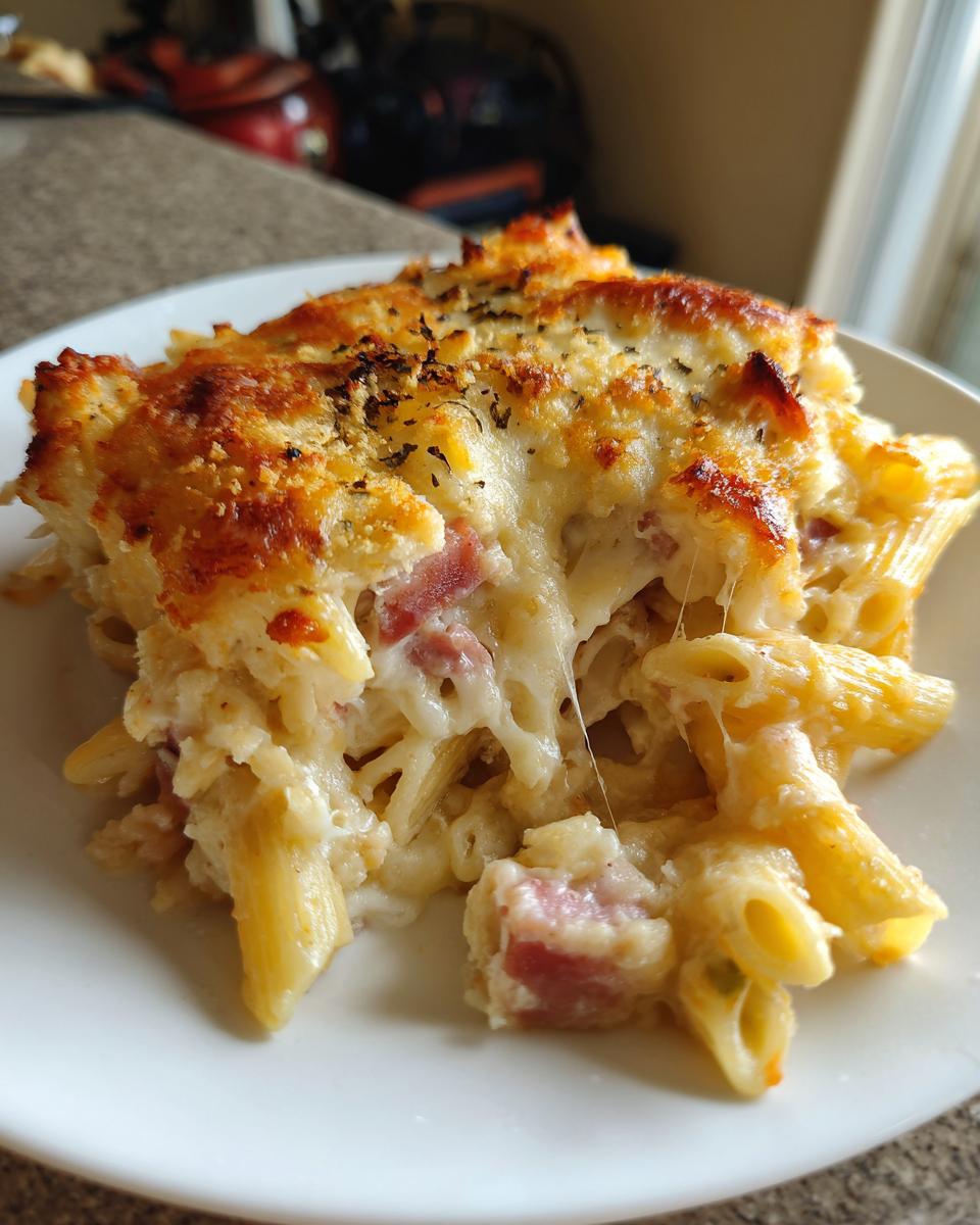 A close-up of a serving of Ham and cheese casserole featuring penne pasta, chunks of ham, and a bubbly, browned cheese topping.