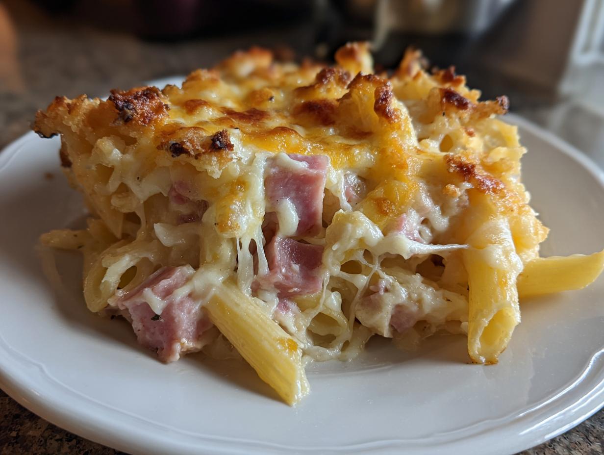 A close-up slice of baked ham and cheese casserole featuring penne pasta, diced ham, and a bubbly, browned cheese topping.