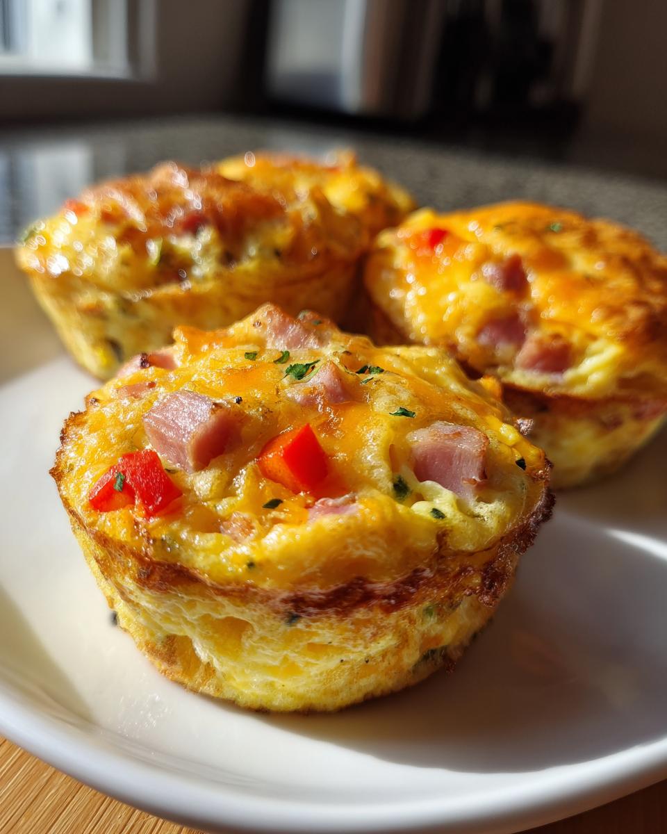 Three golden-brown Egg Muffin Cups topped with melted cheese, ham, and red peppers on a white plate.