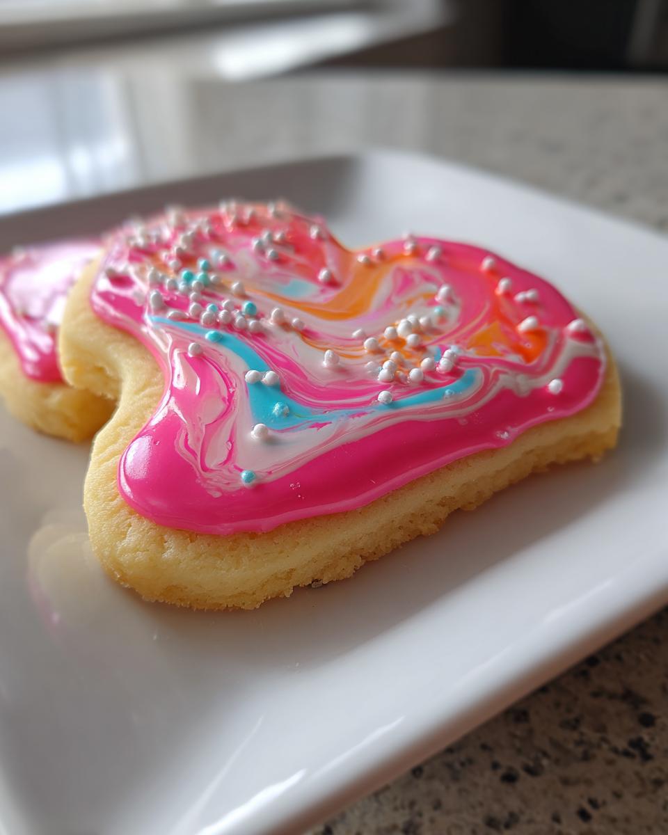 Close-up of a heart-shaped sugar cookie topped with bright, marbled sugar cookie icing recipe and white sprinkles.