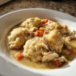 Close-up of a white bowl filled with savory chicken and dumpling stew, featuring fluffy dumplings, shredded chicken, and carrots.