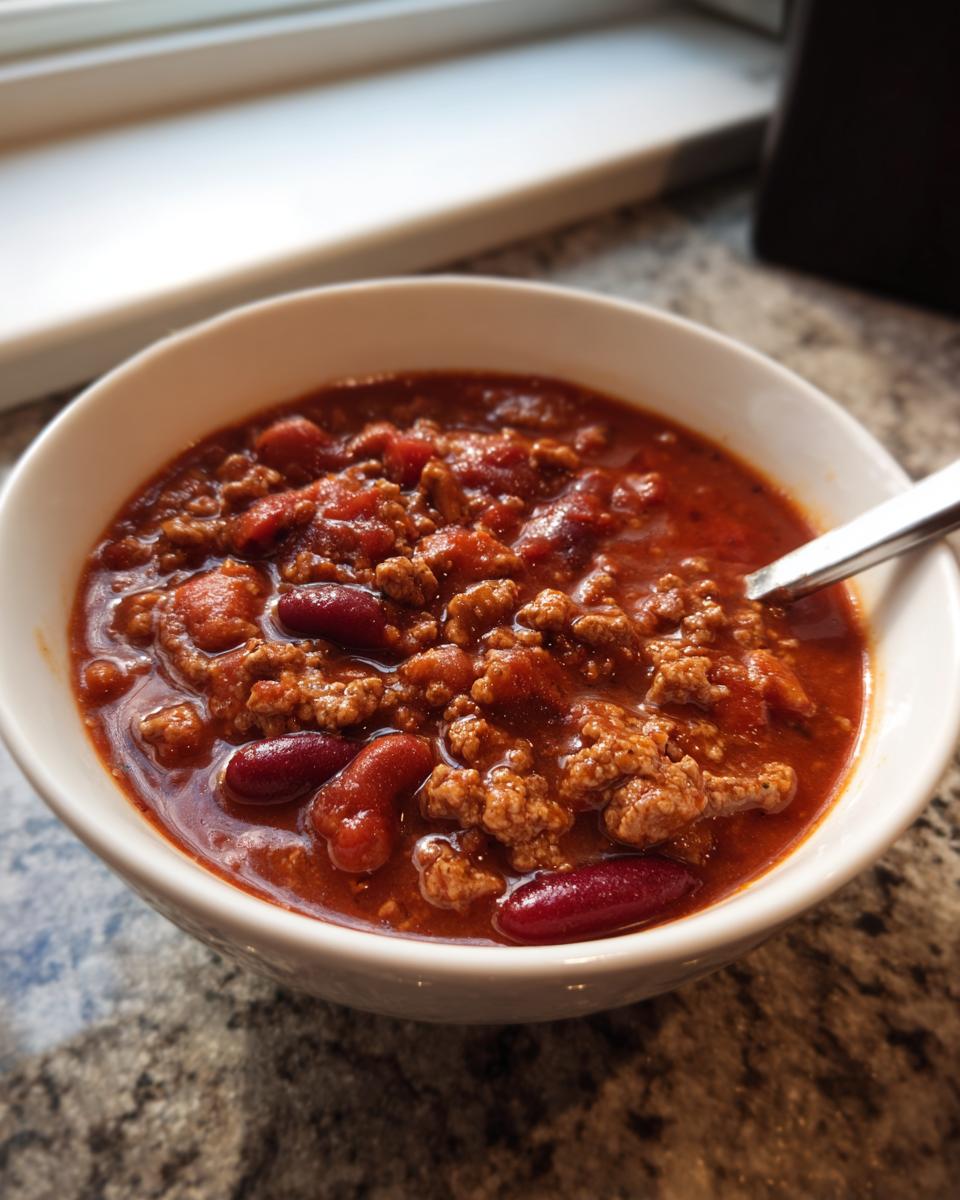 Close-up of a white bowl filled with rich, red crockpot chili featuring ground meat and kidney beans, with a spoon resting inside.