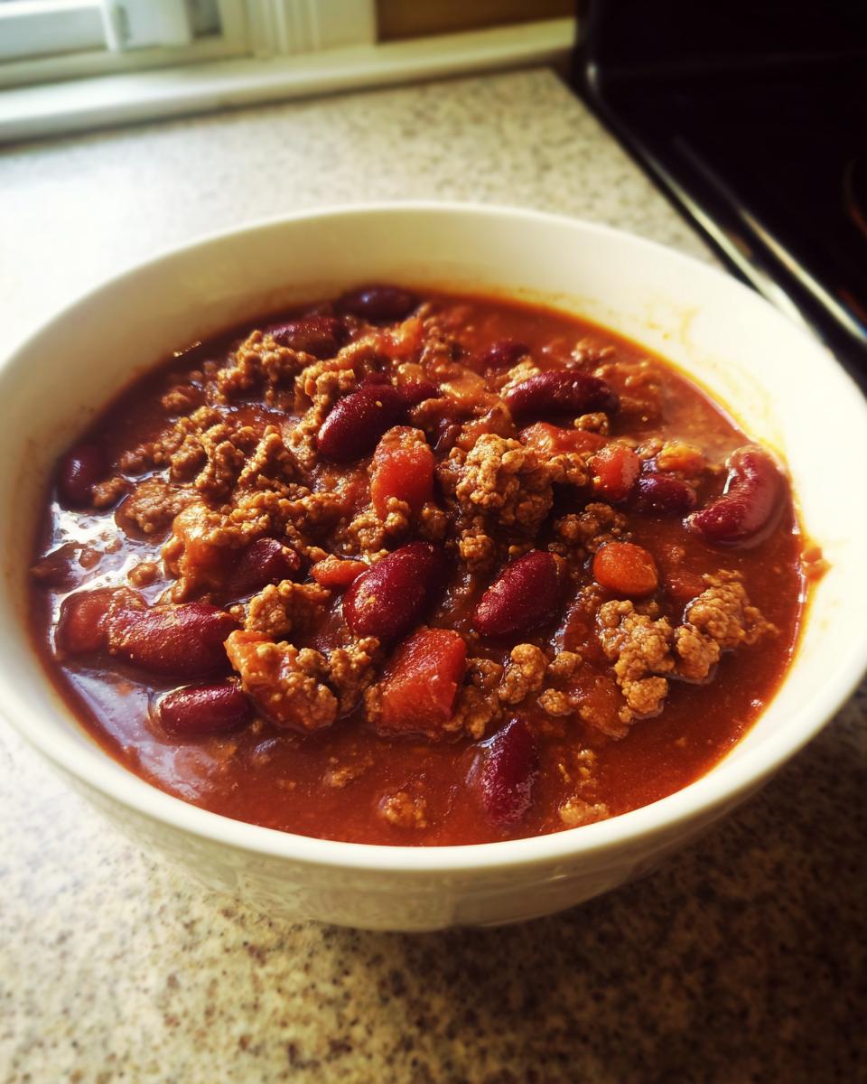 Close-up of a white bowl filled with rich, red crockpot chili featuring ground meat and kidney beans.