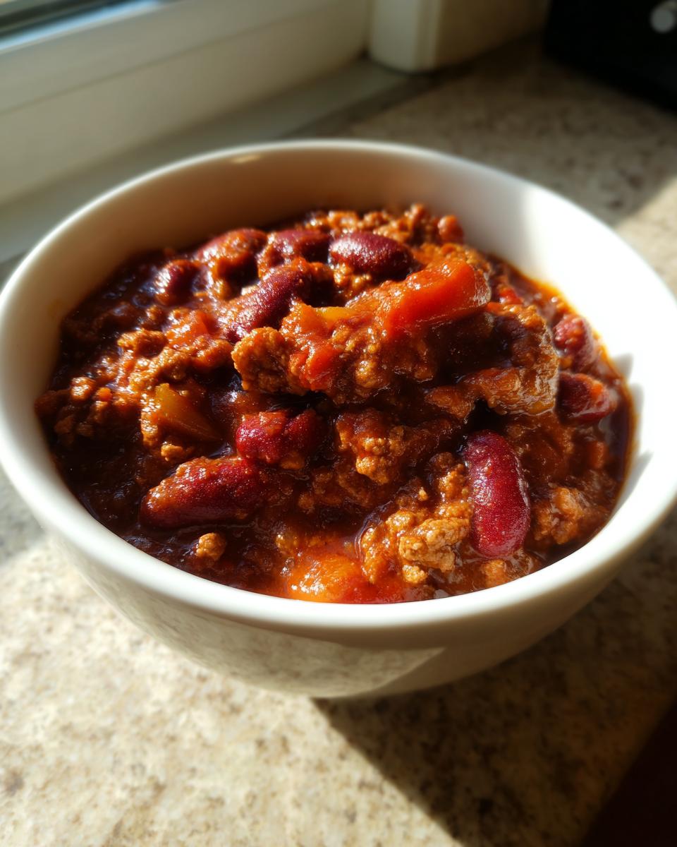 Close-up of a white bowl filled with rich, thick crockpot chili featuring ground meat and kidney beans.