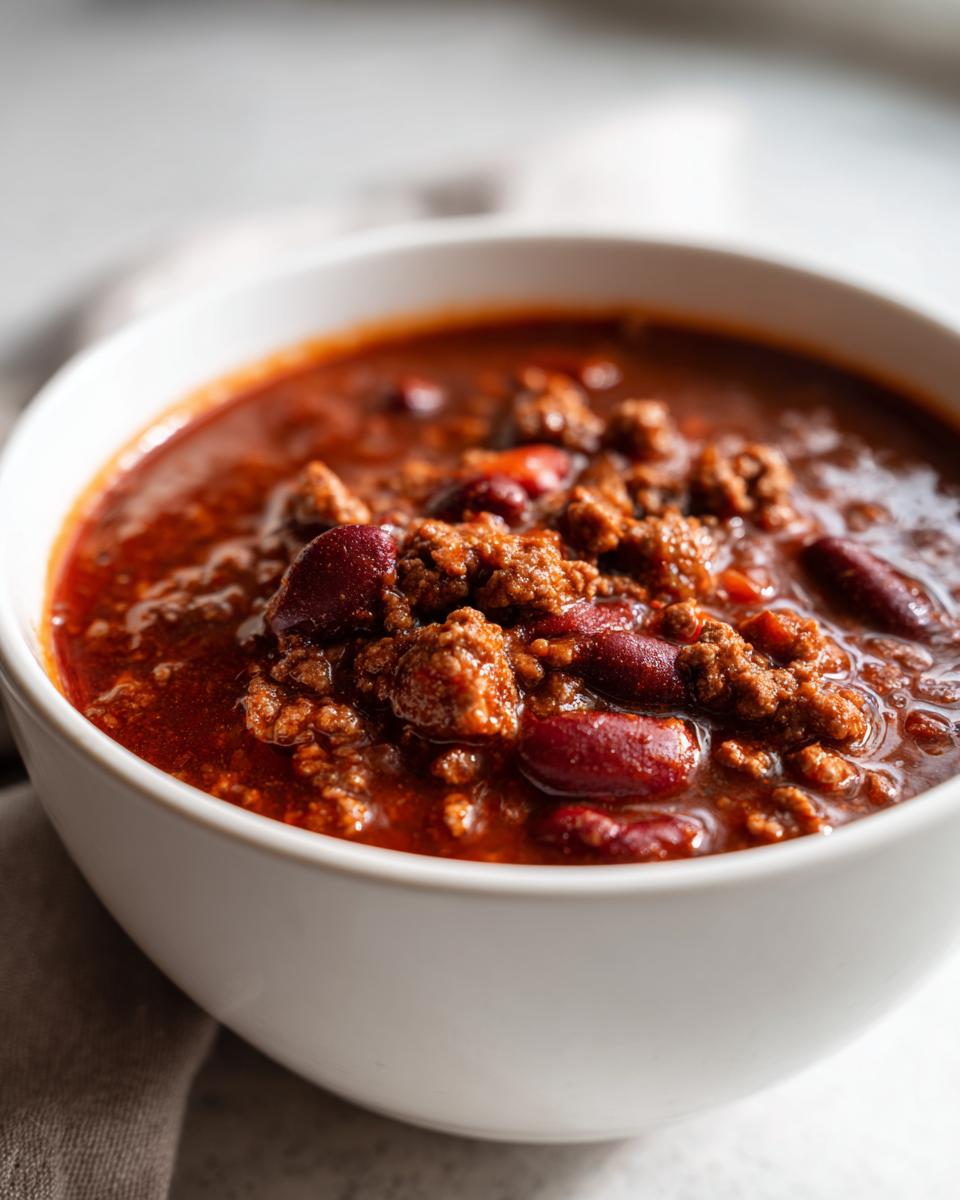 Close-up of a white bowl filled with rich, thick high protein chili featuring ground meat and kidney beans.