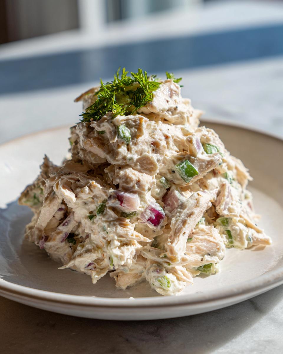 A mound of creamy greek yogurt chicken salad mixed with red onion and celery, topped with fresh dill.