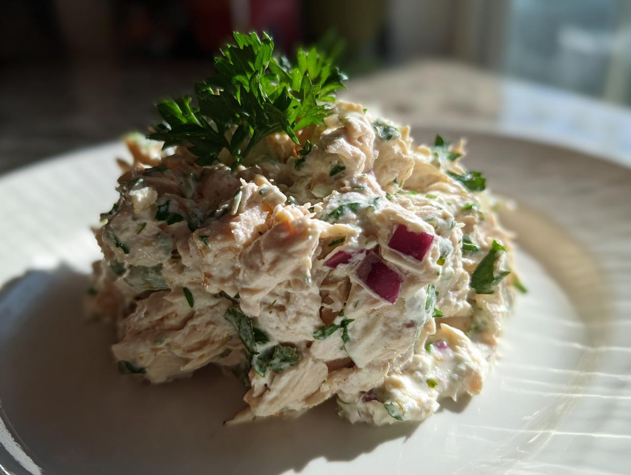 A mound of creamy greek yogurt chicken salad mixed with herbs and red onion, topped with fresh parsley.