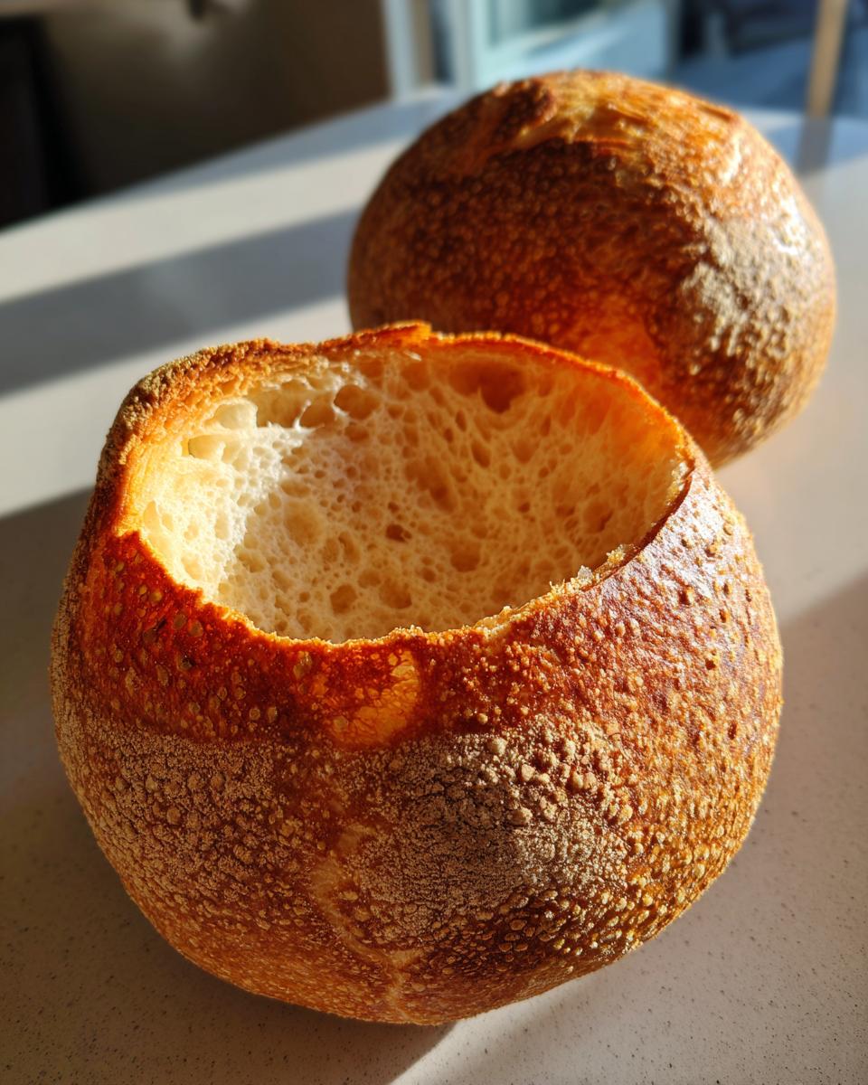 Close-up of a freshly baked, hollowed-out bread bowl showing the airy interior crumb, perfect for soup.