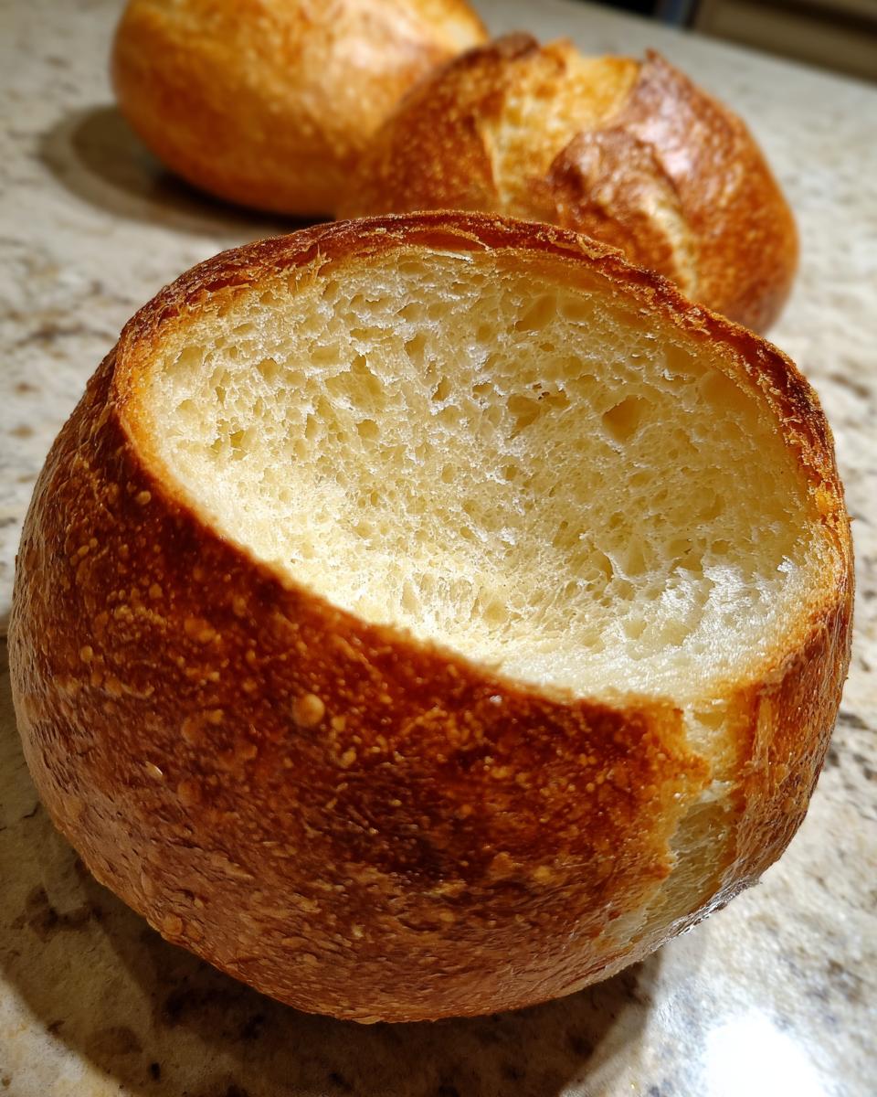 Close-up of a freshly baked, hollowed-out bread bowl showing the airy interior crumb, perfect for soup.