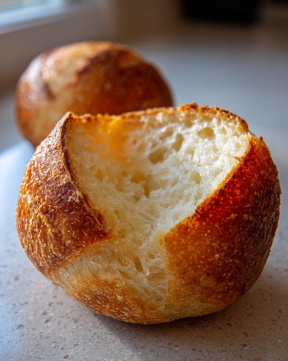 Close-up of a freshly baked, hollowed-out homemade bread bowl showing the crust and airy interior.