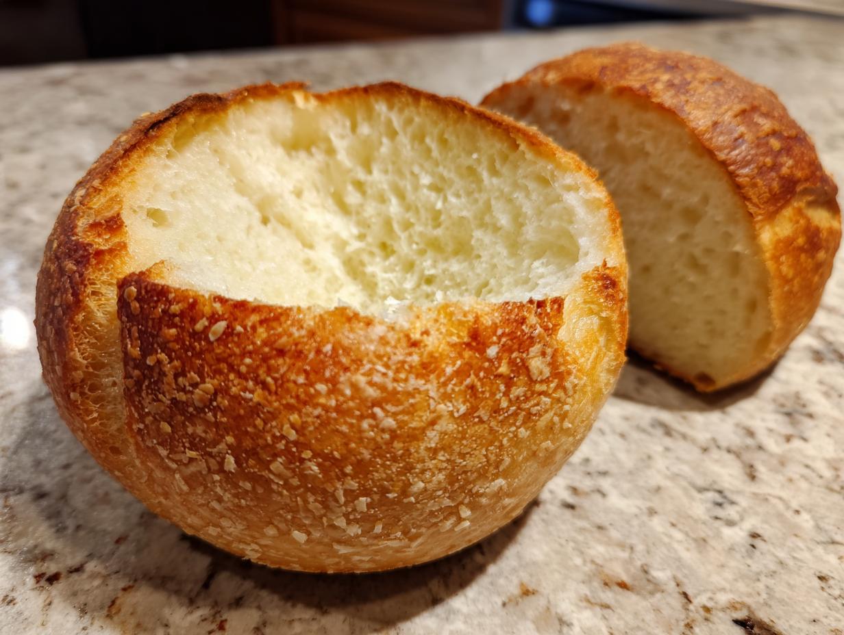 Close-up of two freshly baked homemade bread bowls, one hollowed out, showing a golden crust.