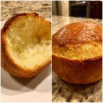 Split image showing a golden brown homemade bread bowl, one side intact and the other showing the soft, hollowed-out interior.