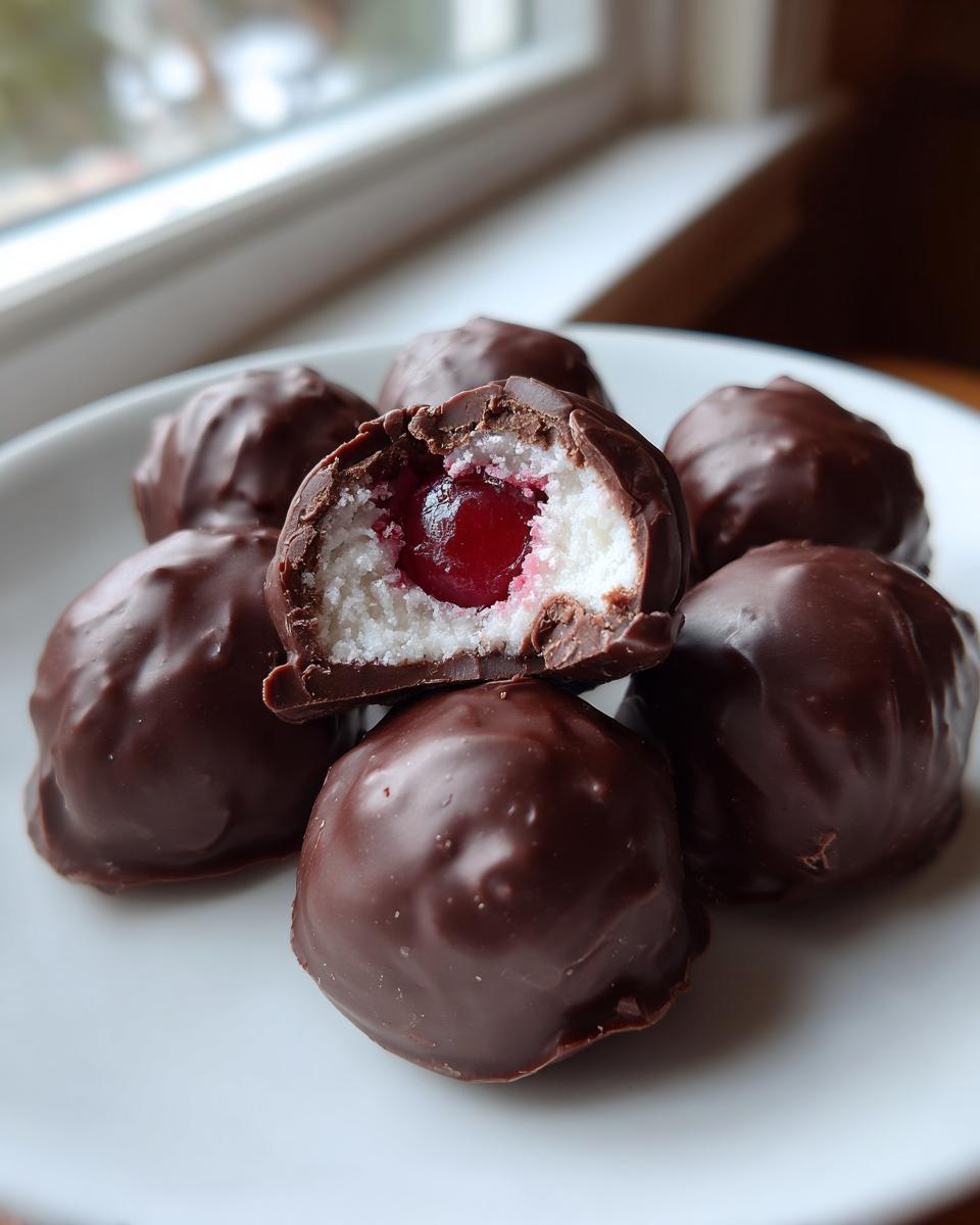 Close-up of homemade chocolate covered cherries, one cut open showing the white coconut filling and bright red cherry inside.