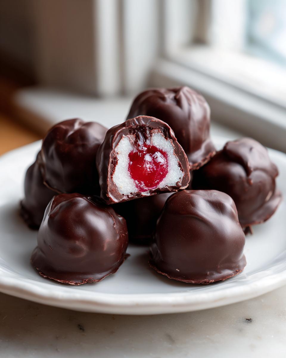 A stack of homemade chocolate covered cherries, one cut open showing the white fondant and bright red cherry center.