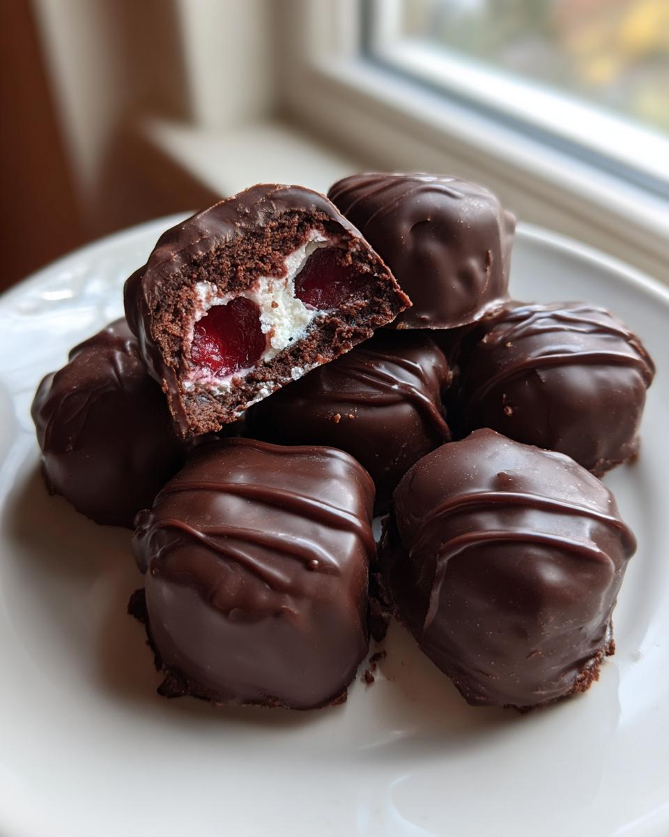 A stack of homemade chocolate covered cherries, one cut open revealing cherry filling and white cream inside.