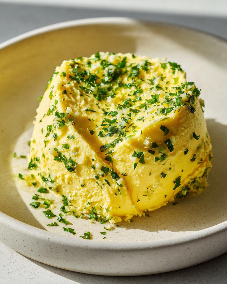 A molded block of bright yellow garlic butter topped generously with chopped fresh parsley and minced garlic.