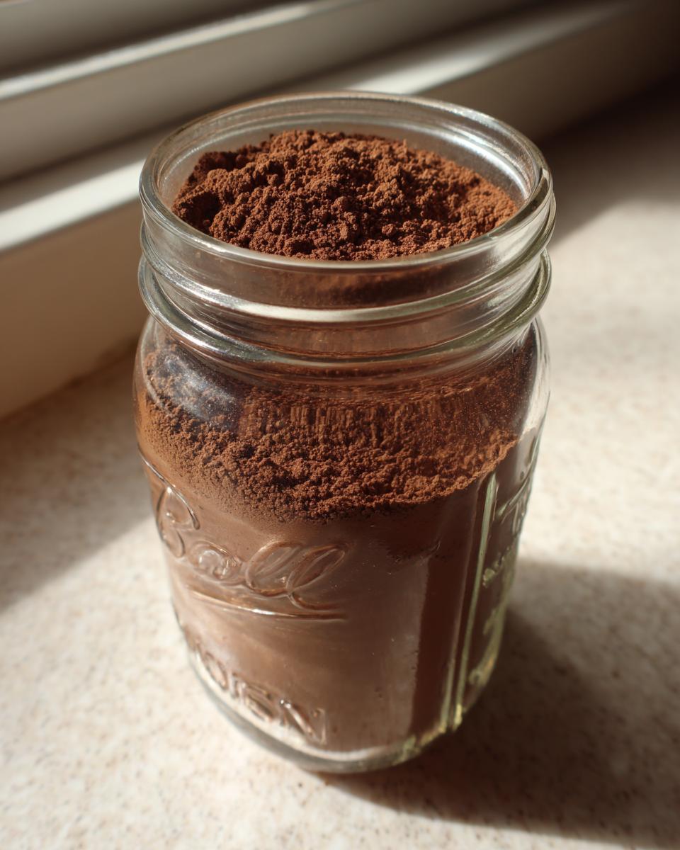 A clear glass jar filled to the brim with rich brown homemade hot cocoa mix powder.