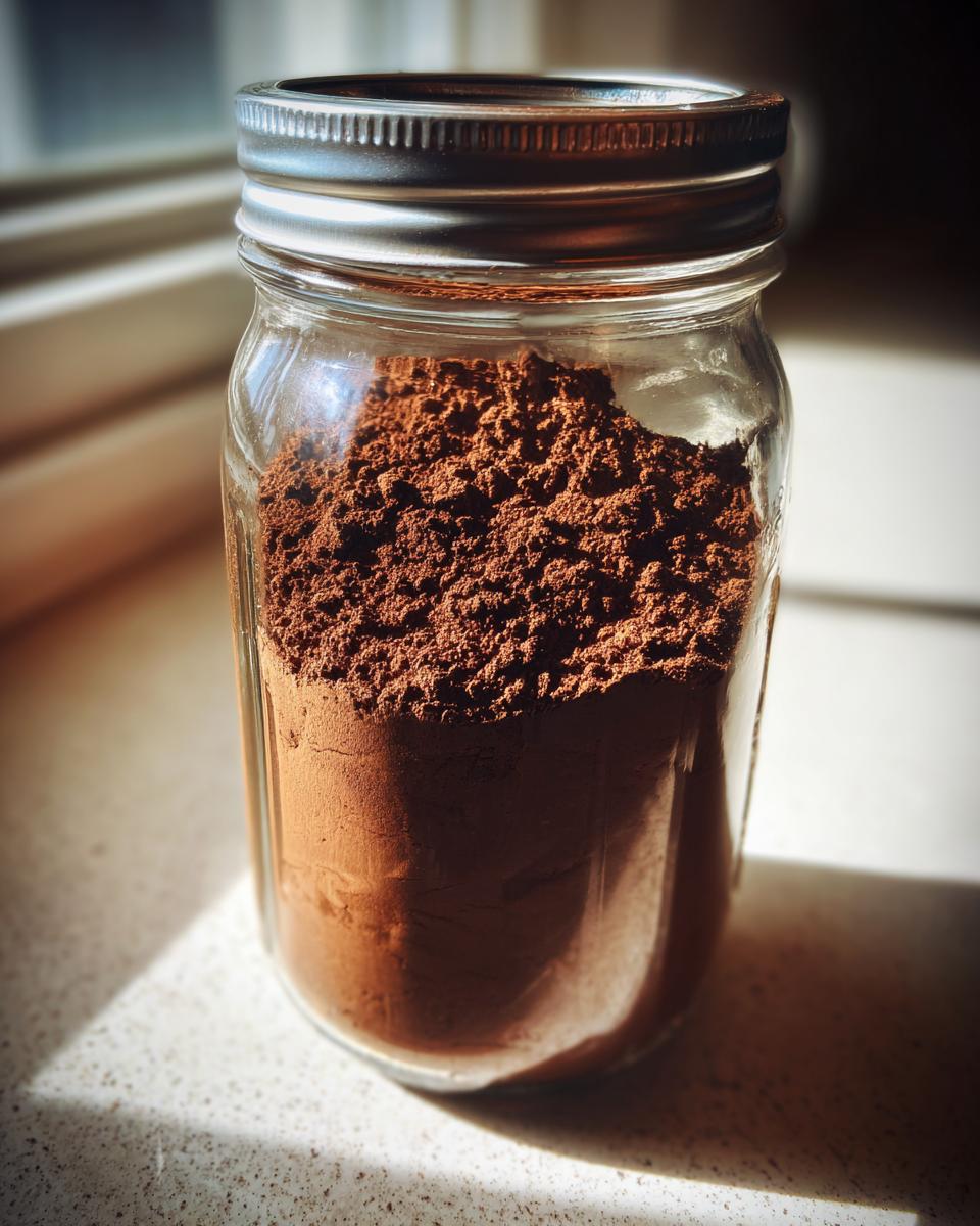 A glass mason jar filled with rich, dark brown homemade hot cocoa mix, sitting on a counter in bright sunlight.