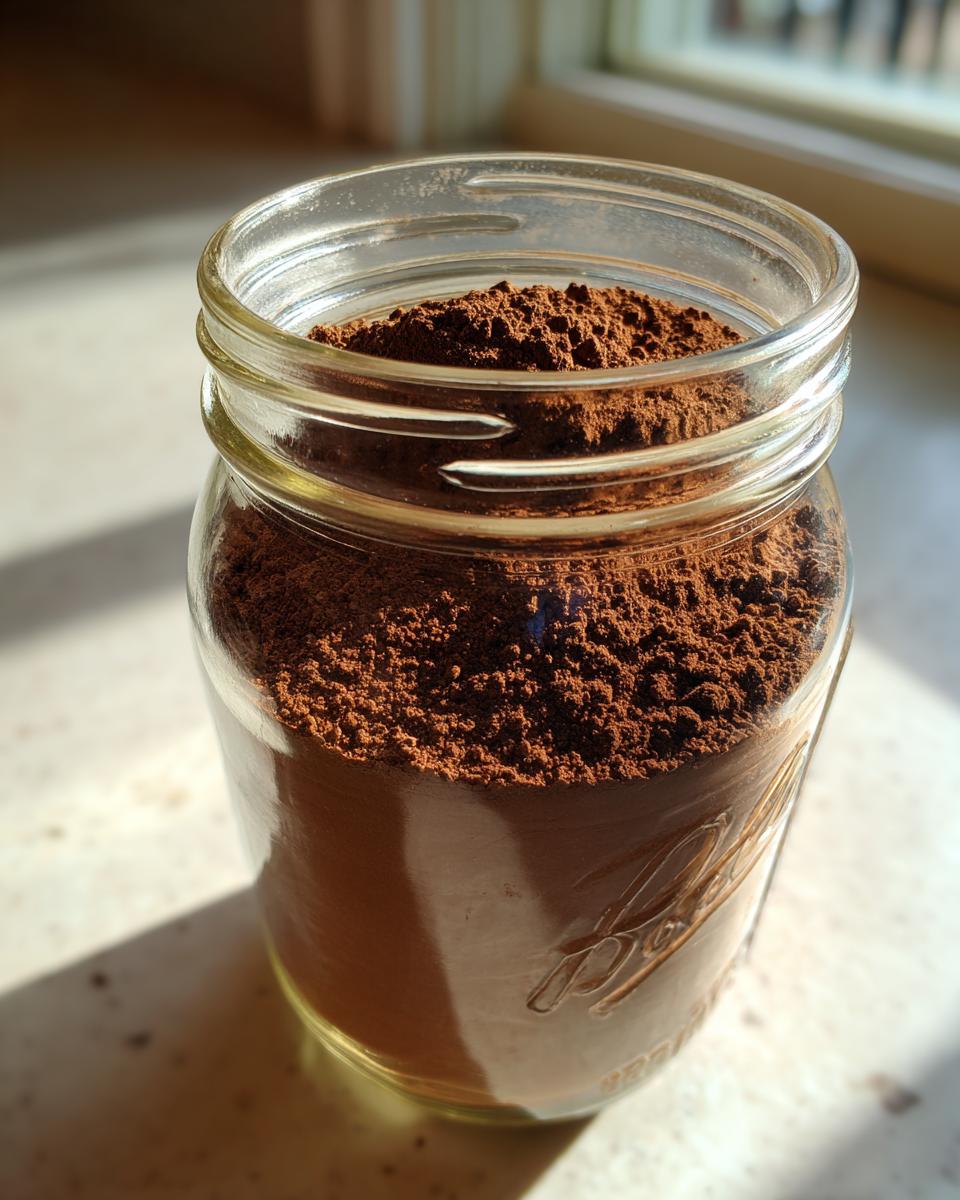 A glass mason jar filled to the brim with rich, dark brown homemade hot cocoa mix, catching sunlight.