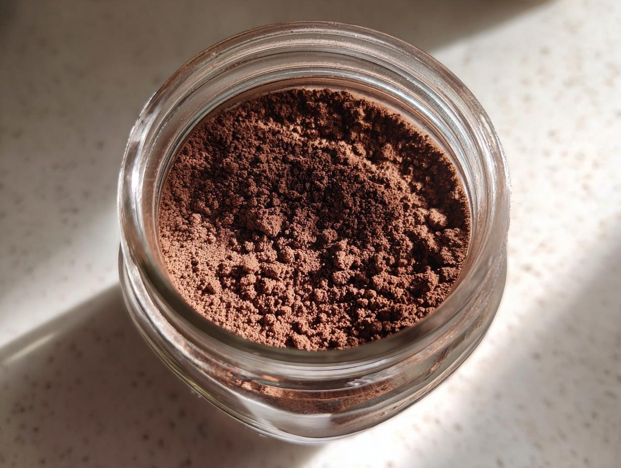 Overhead view of rich brown homemade hot cocoa mix powder stored in a clear glass jar.