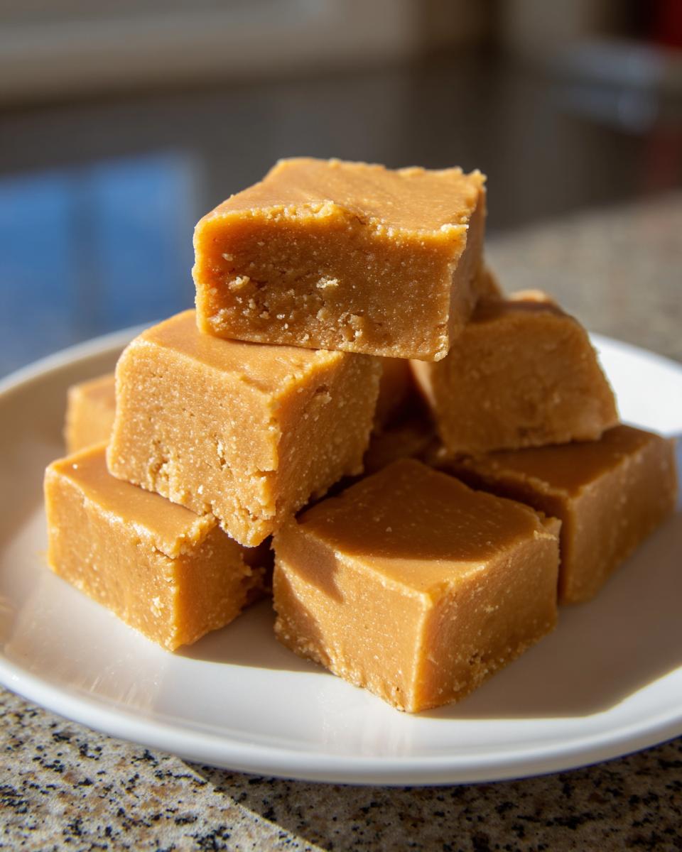 A close-up stack of rich, creamy, light brown penuche fudge squares served on a white plate.