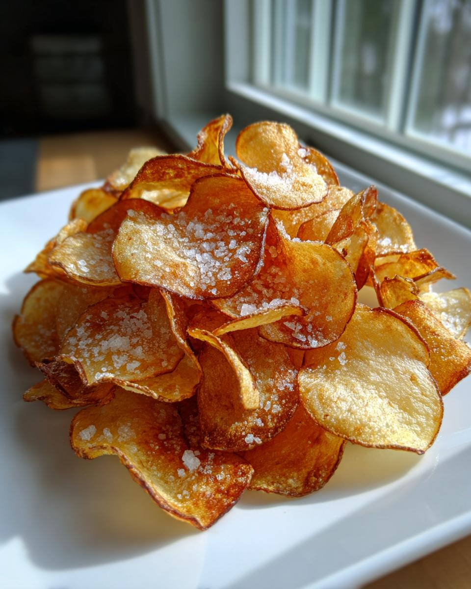 A close-up pile of golden brown, homemade potato chips generously sprinkled with coarse salt.