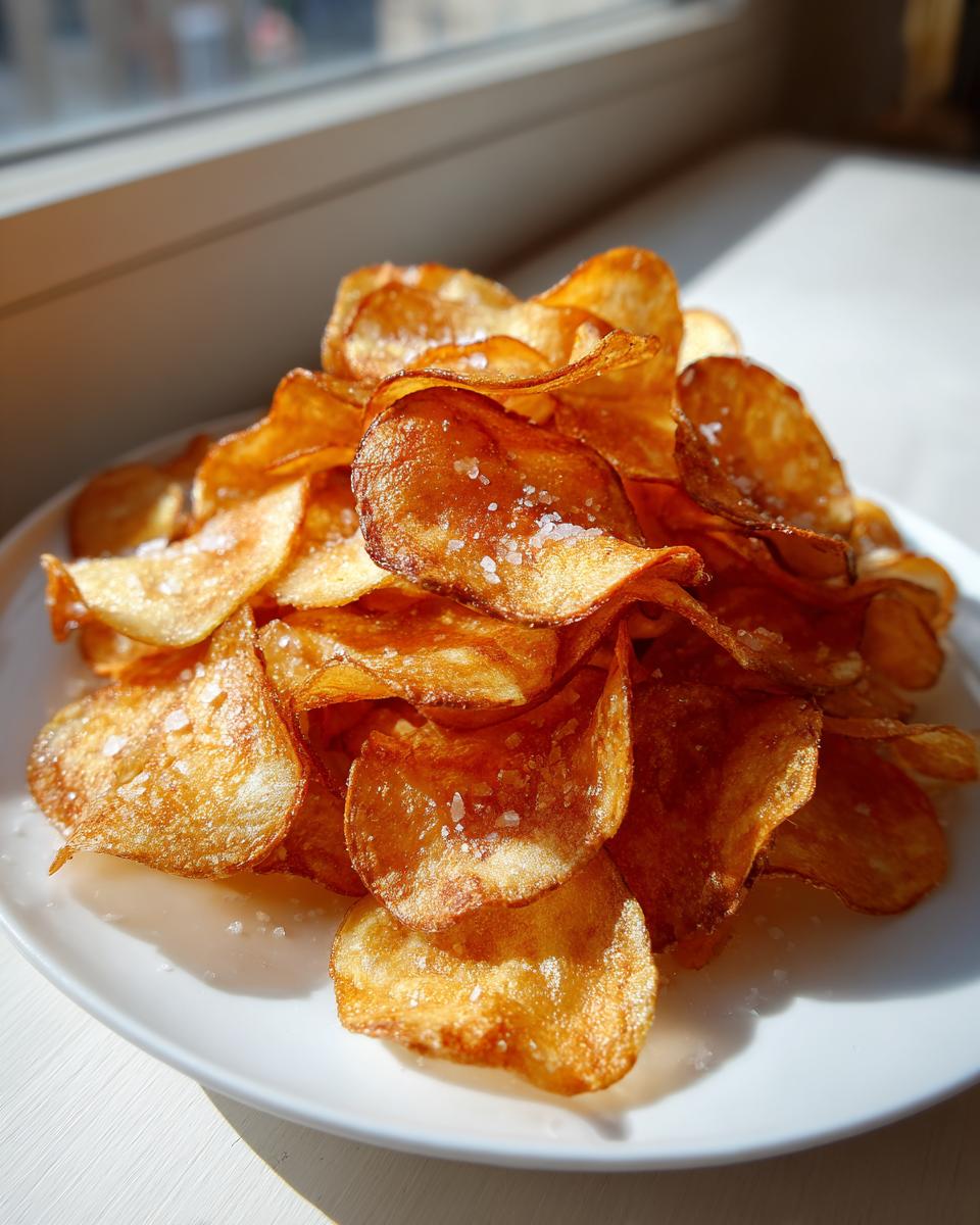 A pile of golden, crispy homemade potato chips seasoned with visible flakes of sea salt on a white plate.