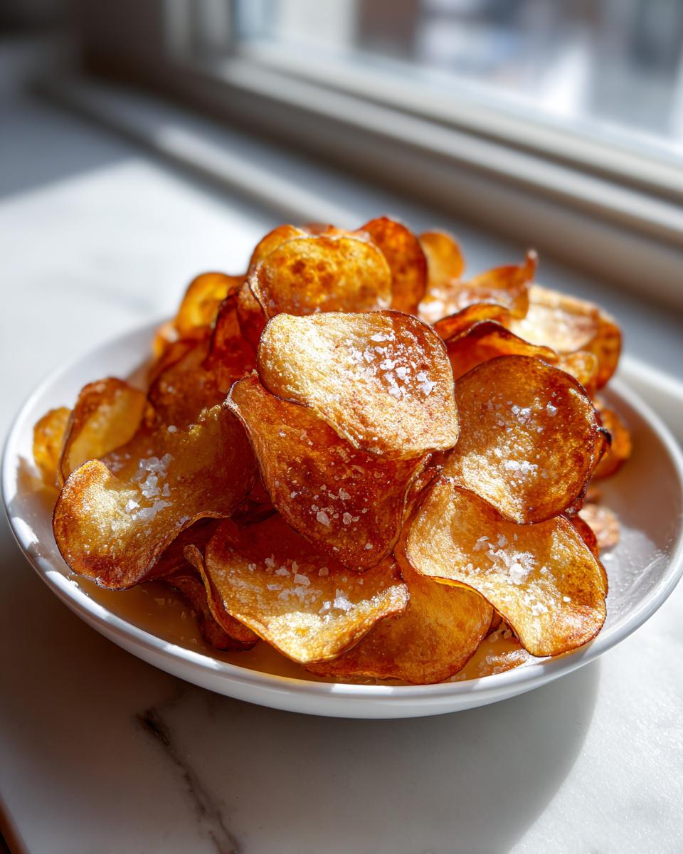 A white bowl piled high with golden, crispy homemade potato chips sprinkled with coarse sea salt.