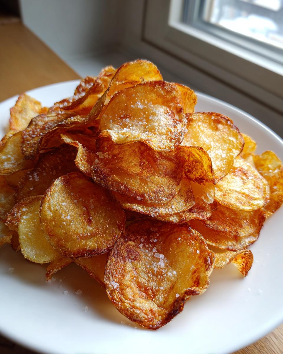 A close-up of a mound of golden brown, homemade potato chips sprinkled with coarse salt.
