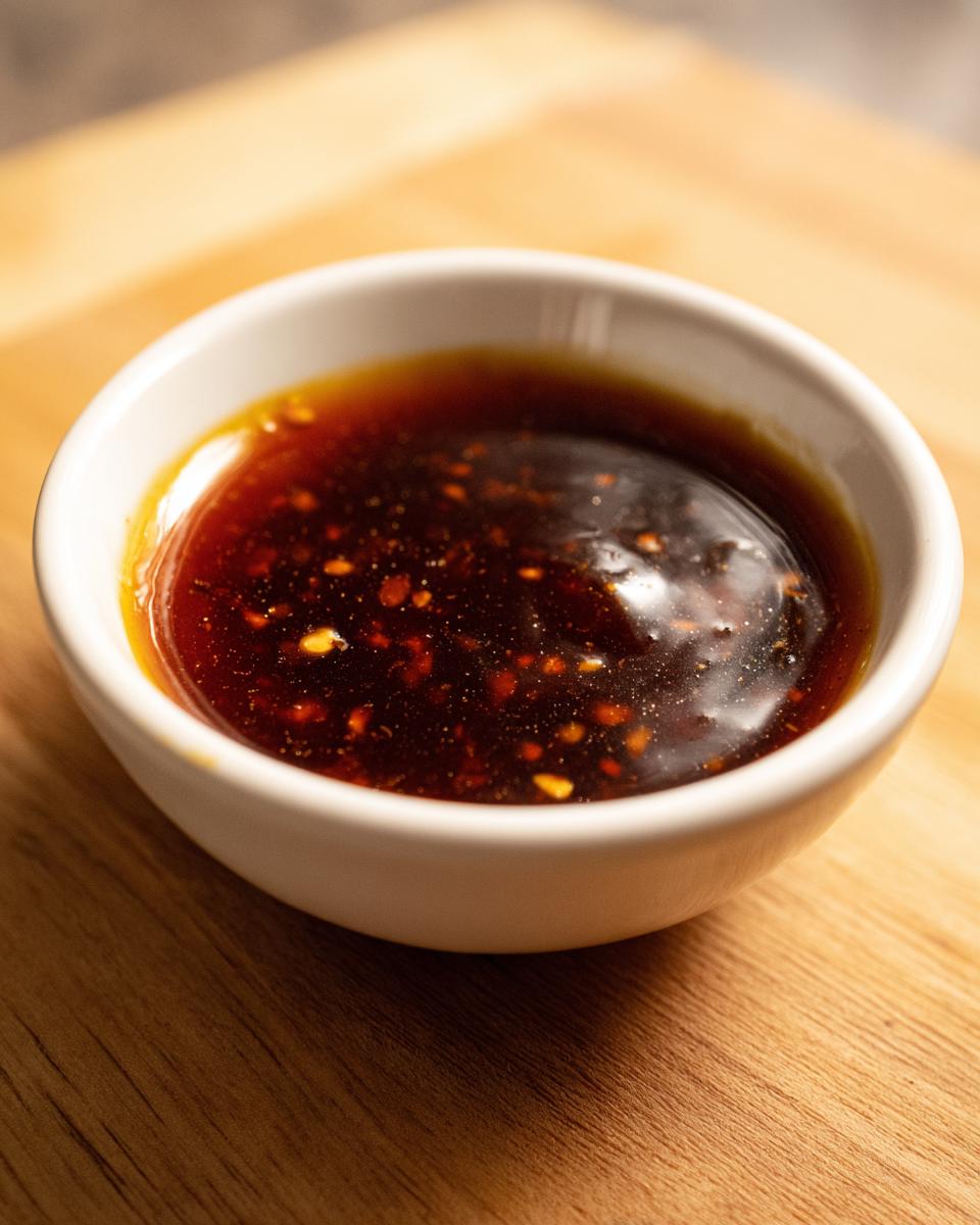 Close-up of rich, dark homemade teriyaki sauce with visible chili flakes in a small white bowl.