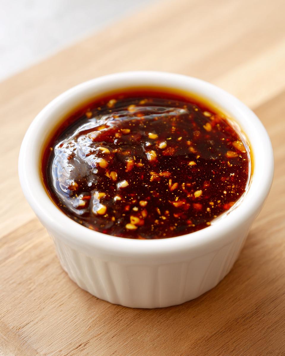 Close-up of thick, glossy homemade teriyaki sauce with visible minced garlic and spices in a white ramekin.