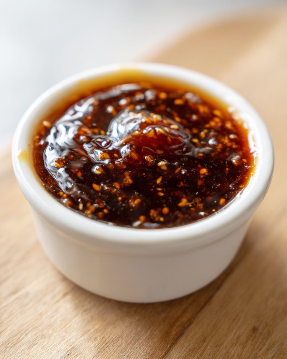Close-up of thick, dark homemade teriyaki sauce speckled with sesame seeds, served in a small white dipping bowl.