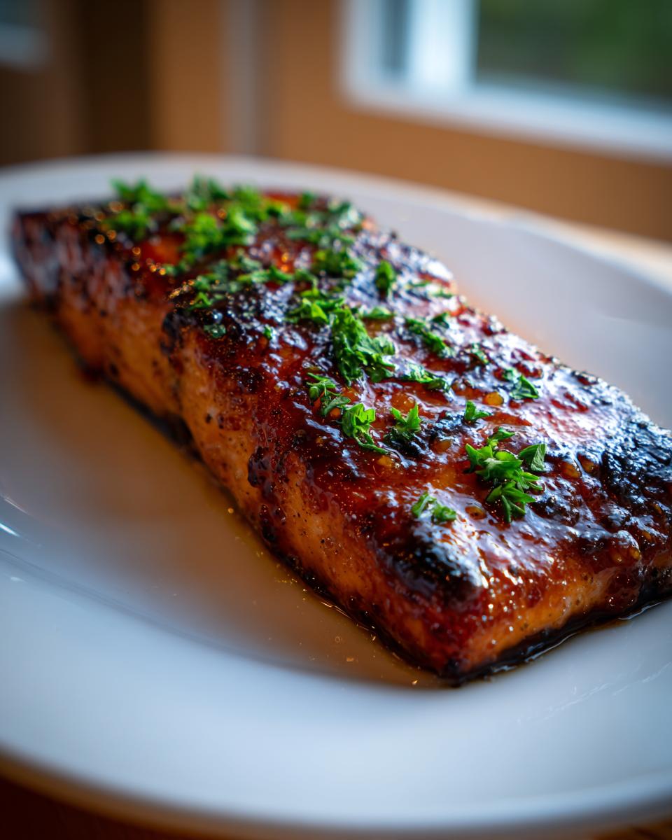 Close-up of a perfectly cooked honey garlic salmon fillet with a shiny glaze and fresh parsley on a white plate.
