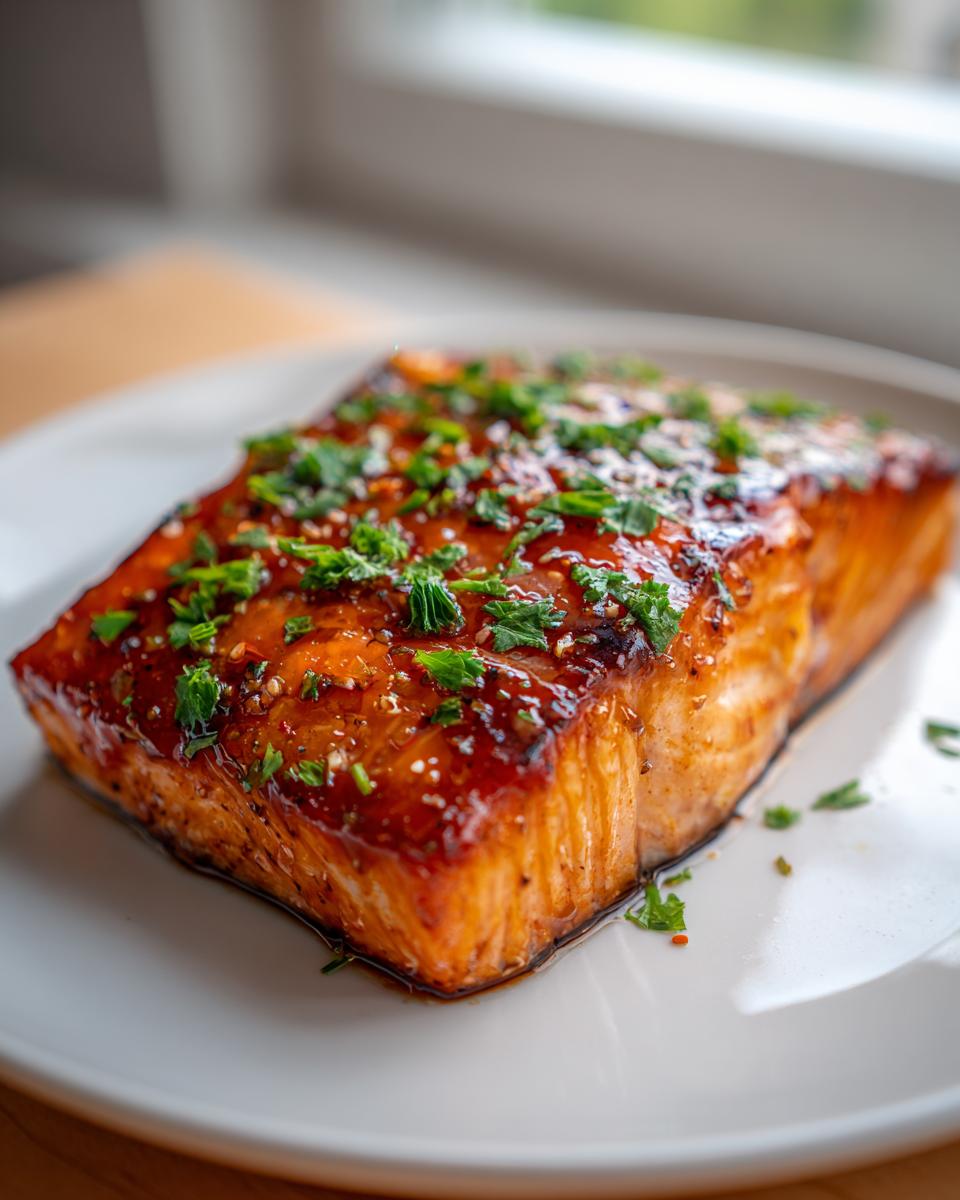 A close-up of a perfectly cooked honey garlic salmon fillet glistening with glaze and topped with fresh parsley.