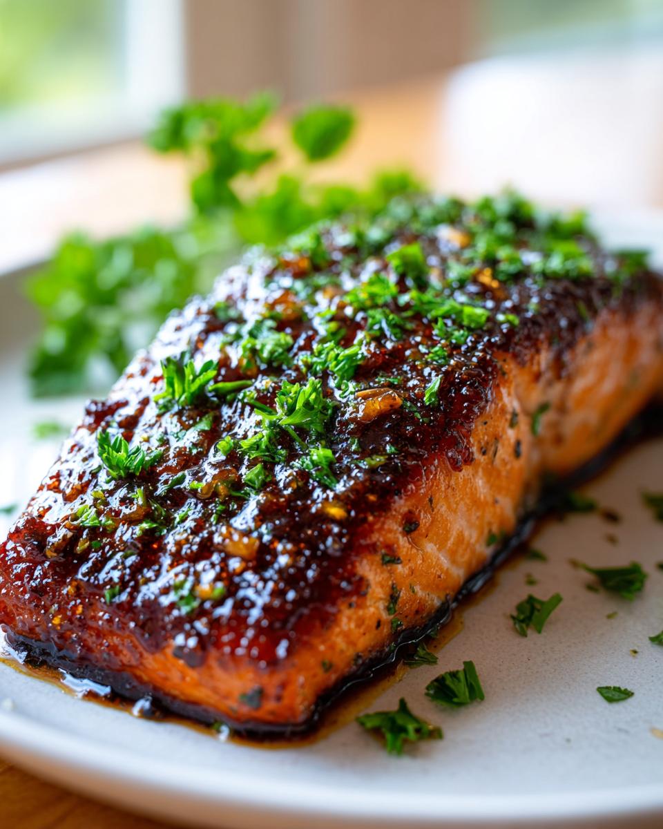 A close-up of a perfectly cooked salmon fillet covered in a dark, glossy honey garlic glaze and topped with fresh chopped parsley.