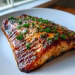 A perfectly cooked fillet of honey garlic salmon with a shiny glaze, topped with fresh chopped parsley.