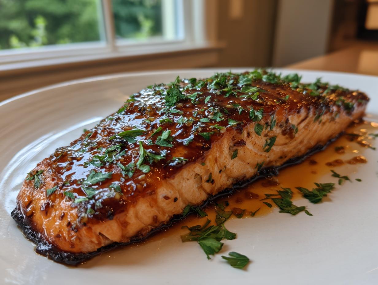 A perfectly cooked fillet of honey garlic salmon, glazed and topped with fresh chopped parsley, resting on a white plate.