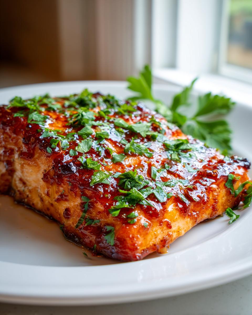 Close-up of a perfectly cooked honey garlic salmon fillet, glazed and topped with fresh chopped parsley.