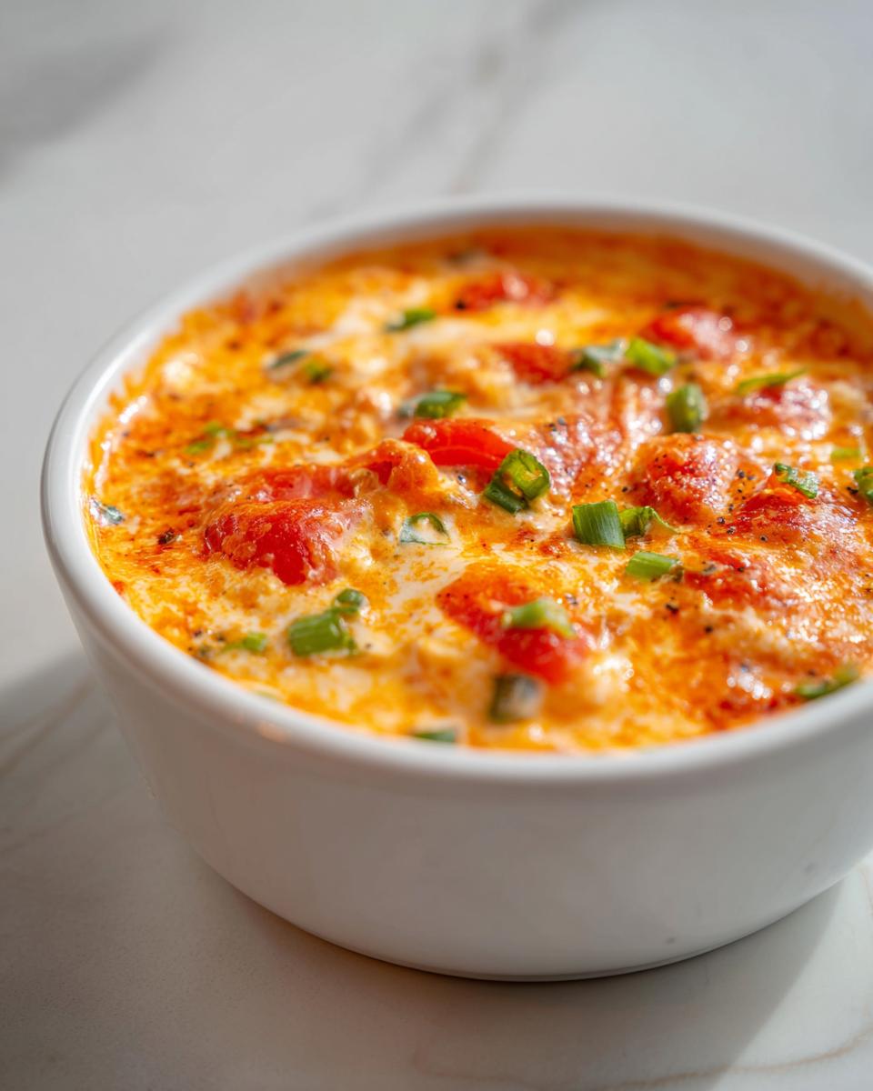 Close-up of a bubbling, cheesy rotel dip topped with diced green onions in a white serving bowl.