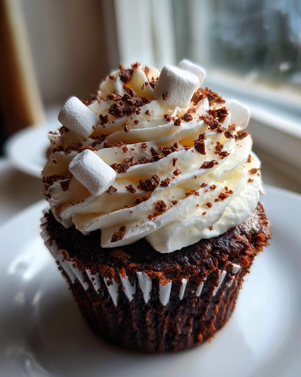 A decadent hot chocolate cupcake topped with white frosting, mini marshmallows, and chocolate shavings.