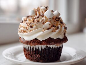A single, rich chocolate hot chocolate cupcake topped with white frosting, mini marshmallows, and chocolate shavings.