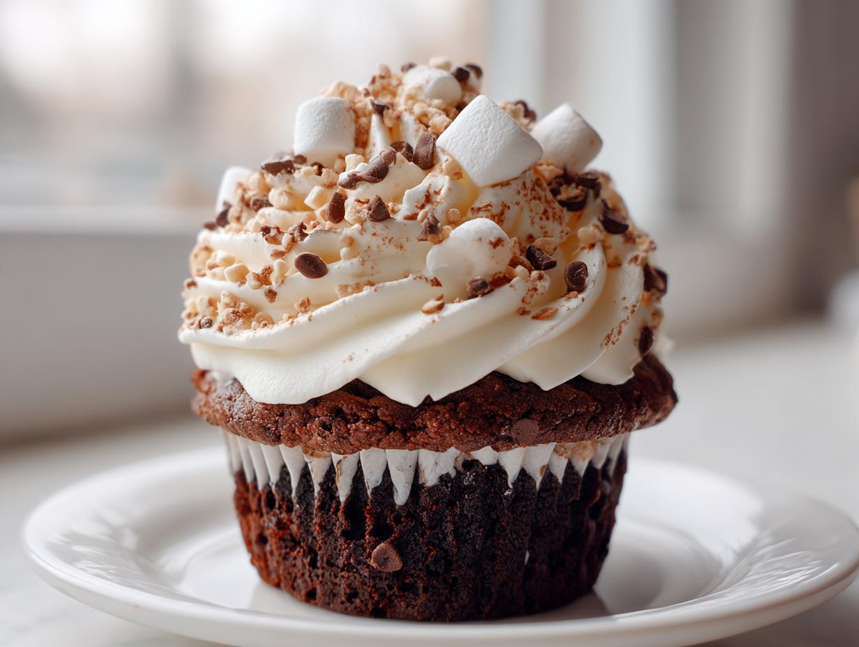 A single, rich chocolate hot chocolate cupcake topped with white frosting, mini marshmallows, and chocolate shavings.