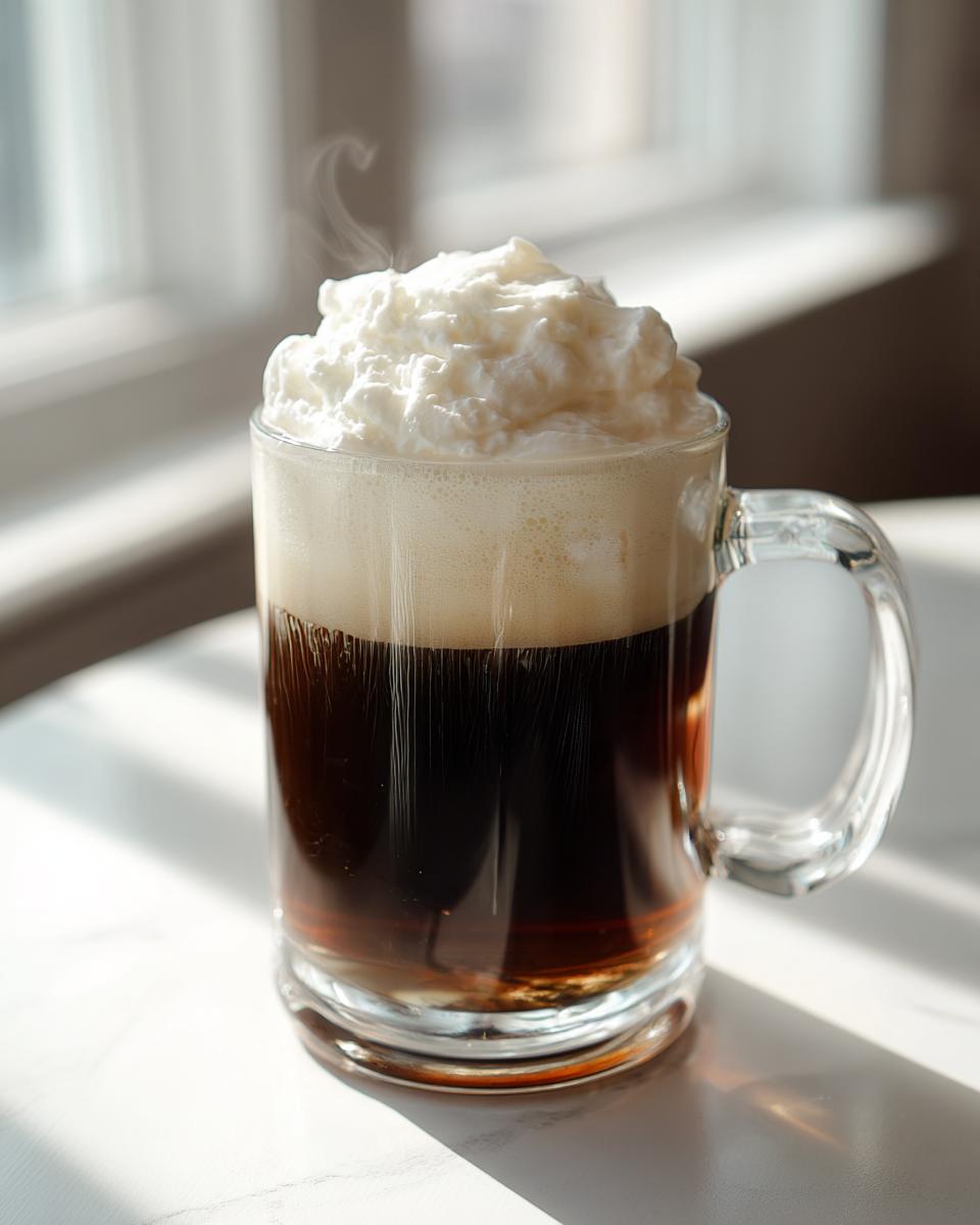 A clear glass mug filled with hot Irish Coffee, topped high with whipped cream and visible steam.
