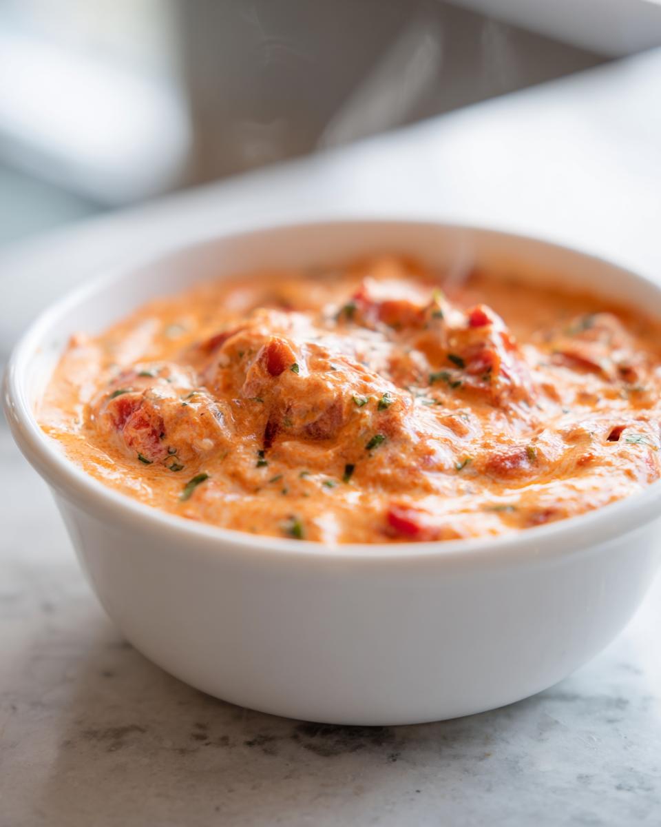 Close-up of steaming hot rotel dip, creamy orange cheese mixed with diced tomatoes, served in a white bowl.