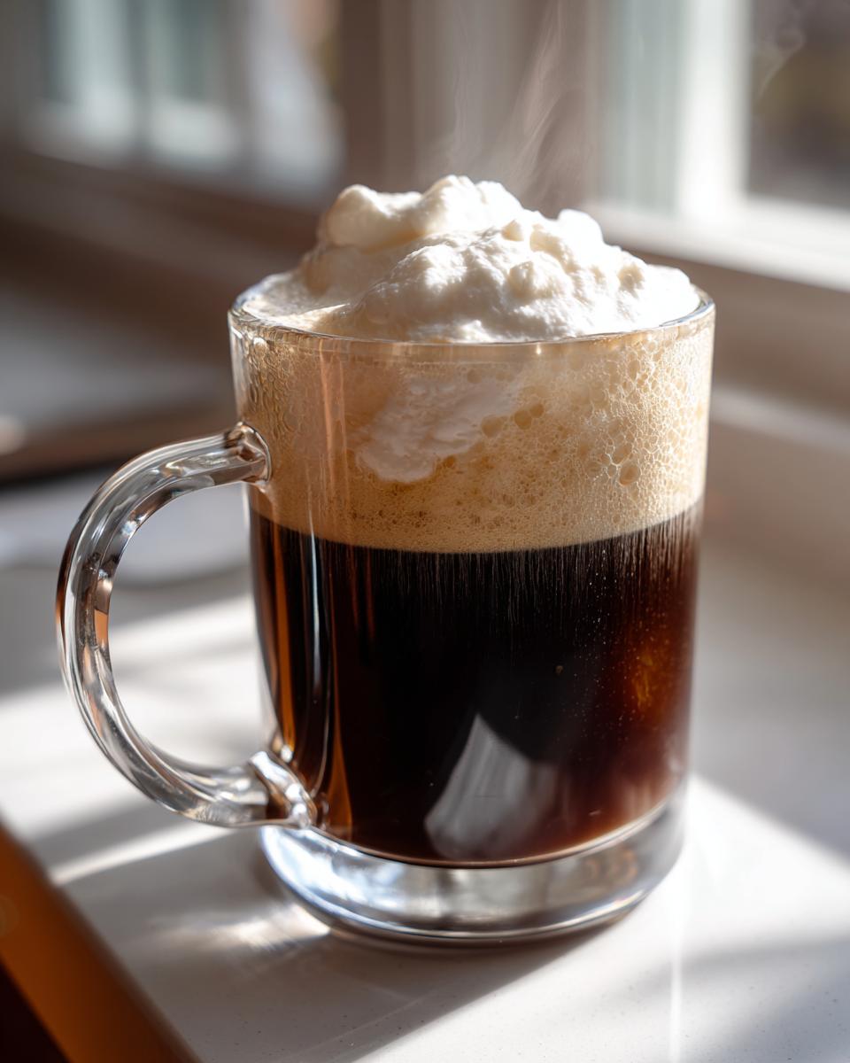 A clear glass mug filled with dark Irish Coffee, topped with frothy foam and a dollop of whipped cream, steaming slightly.