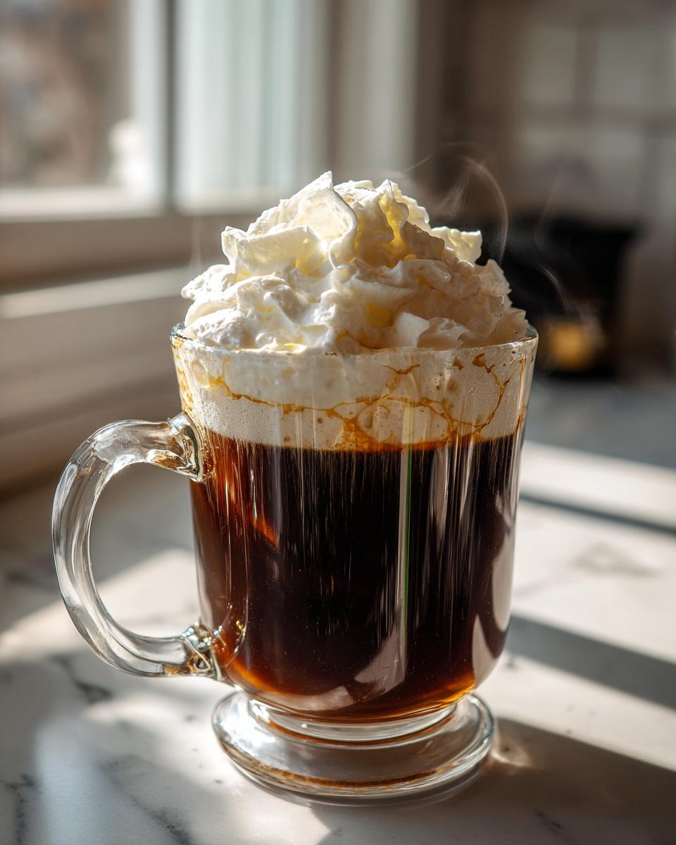 A clear glass mug filled with hot Irish Coffee, topped high with freshly whipped cream, steaming slightly.